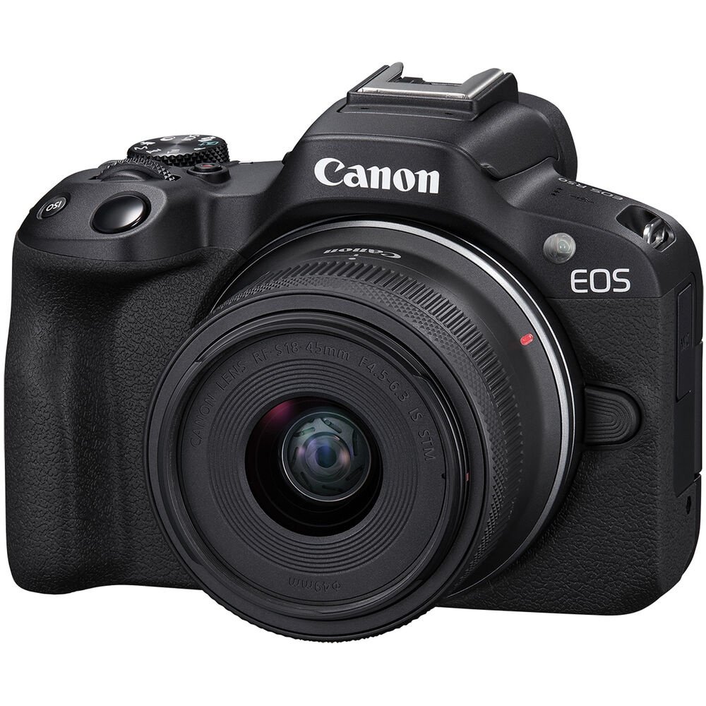 Canon EOS R50 Mirrorless Camera with RF-S 18-45mm lens front view on pure white background